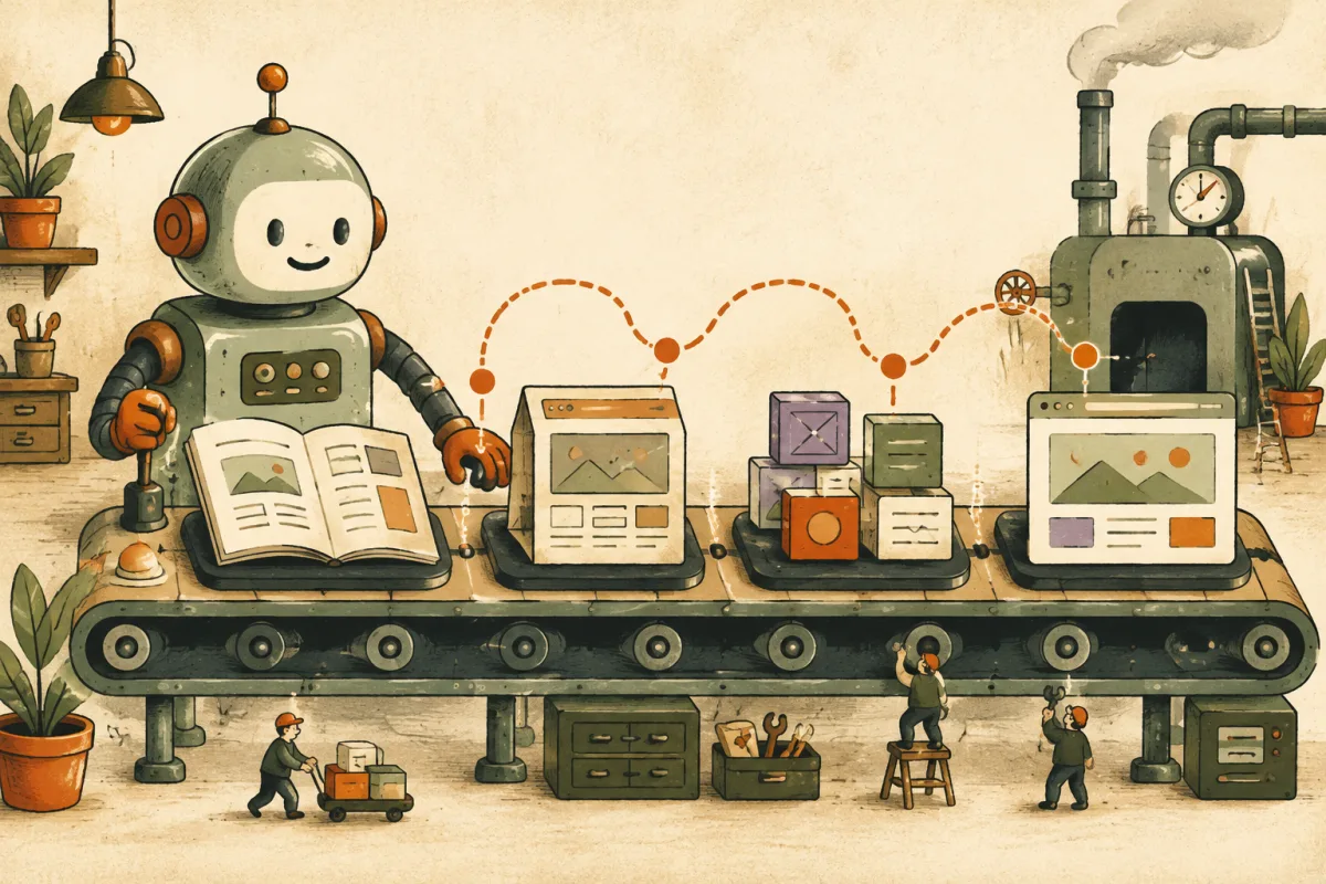 A robot assembles documentation, templates and UI components on a conveyor belt leading to a browser preview.