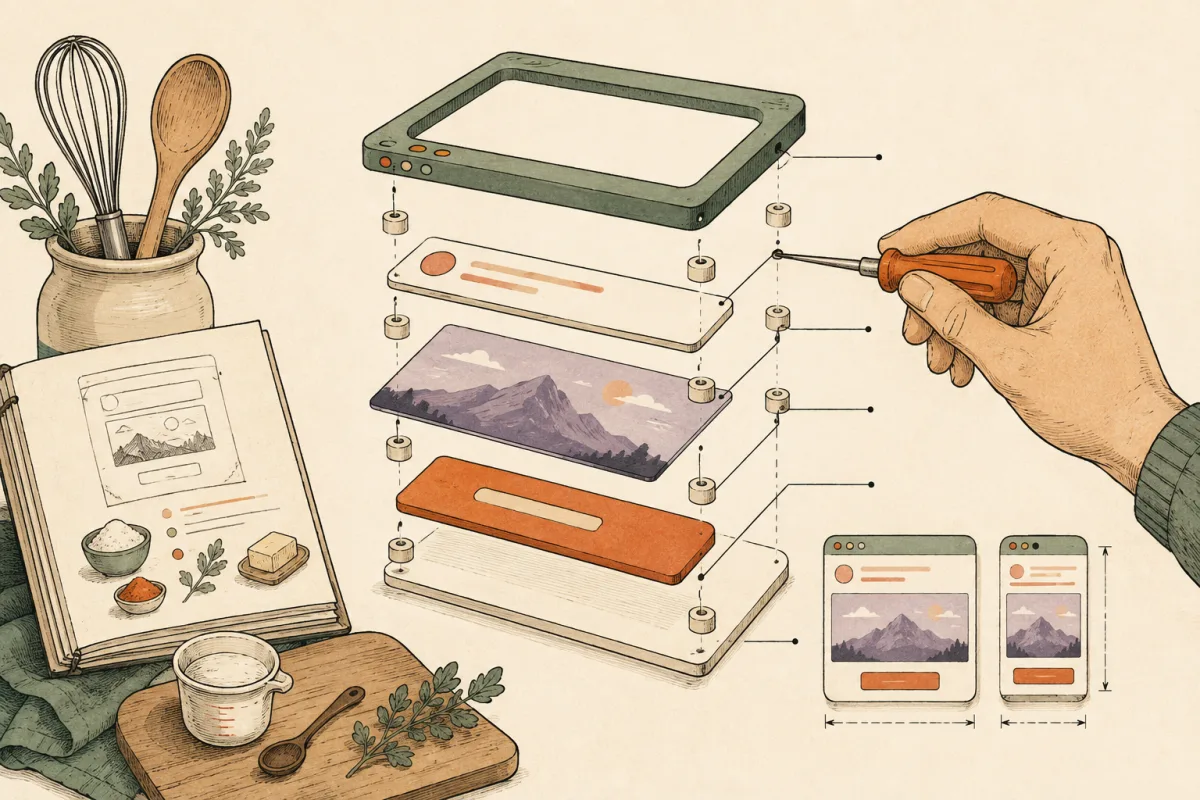 An exploded UI card sits beside its illustrated recipe while a hand adjusts the components with a screwdriver.