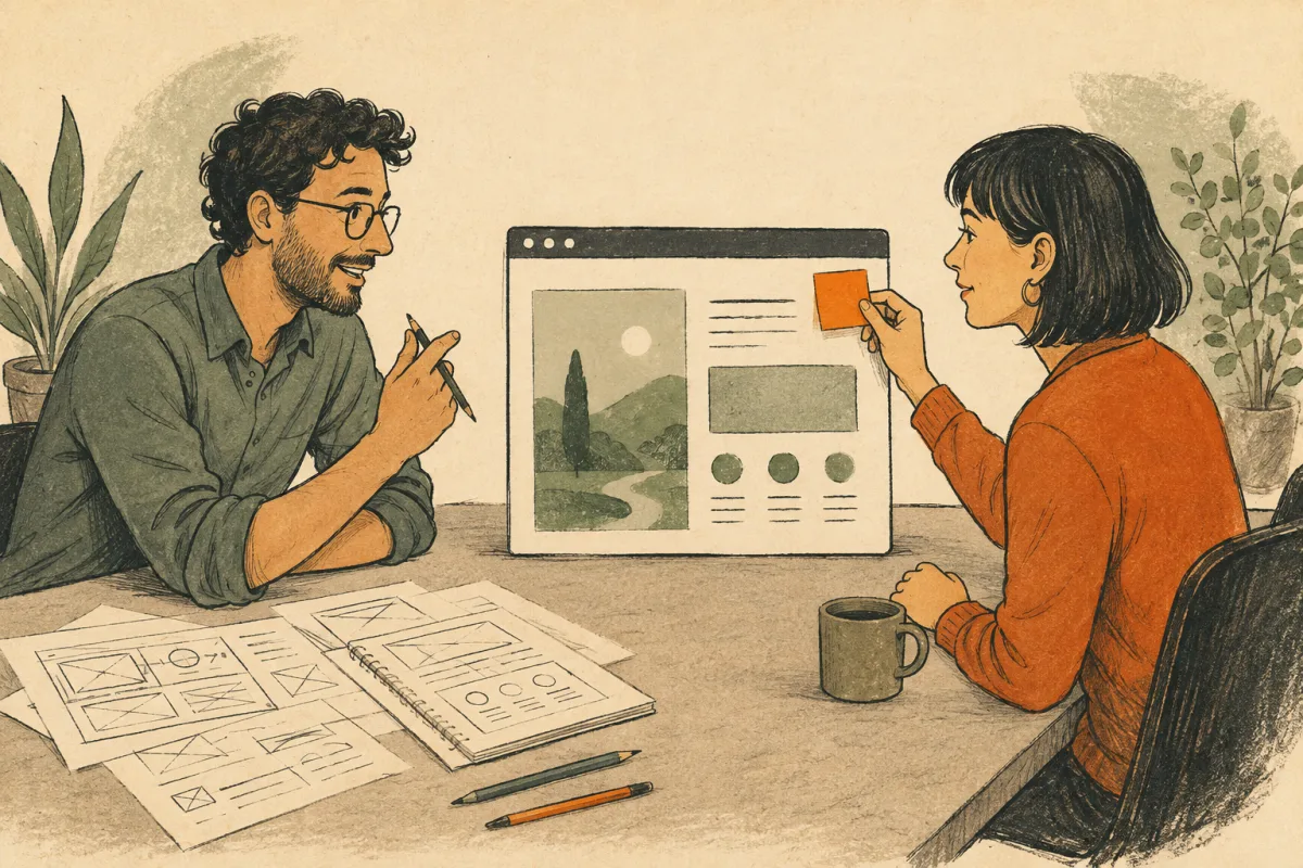 A developer and a customer discuss a working browser preview and add an orange sticky note.