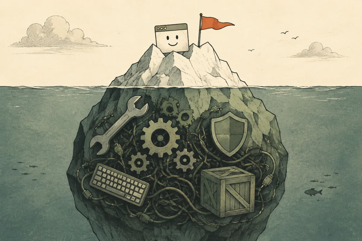 A polished browser preview sits on an iceberg above submerged gears, cables and a security shield.