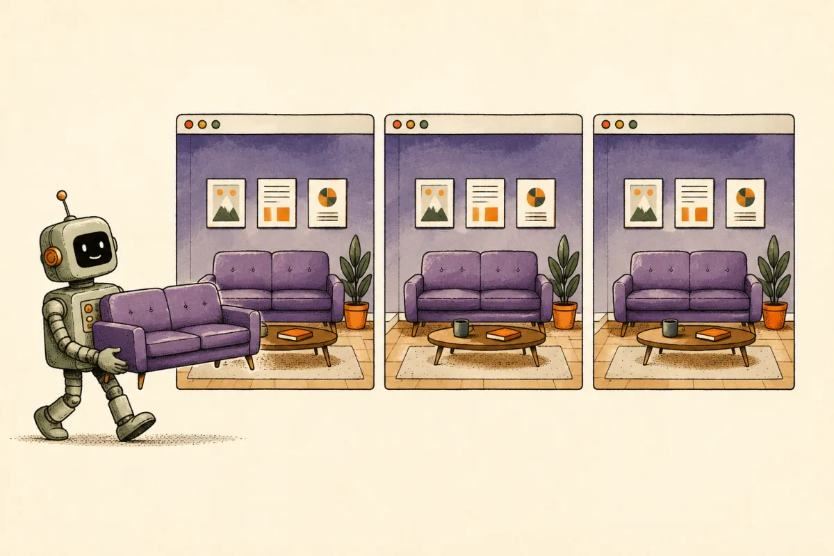 Three browser windows contain identical purple sofas while a robot delivers another matching sofa.