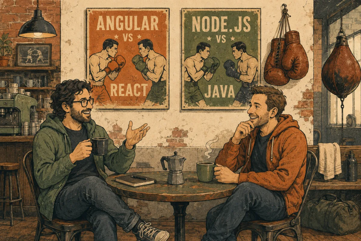 Two developers share coffee beneath vintage boxing posters for Angular versus React and Node.js versus Java.