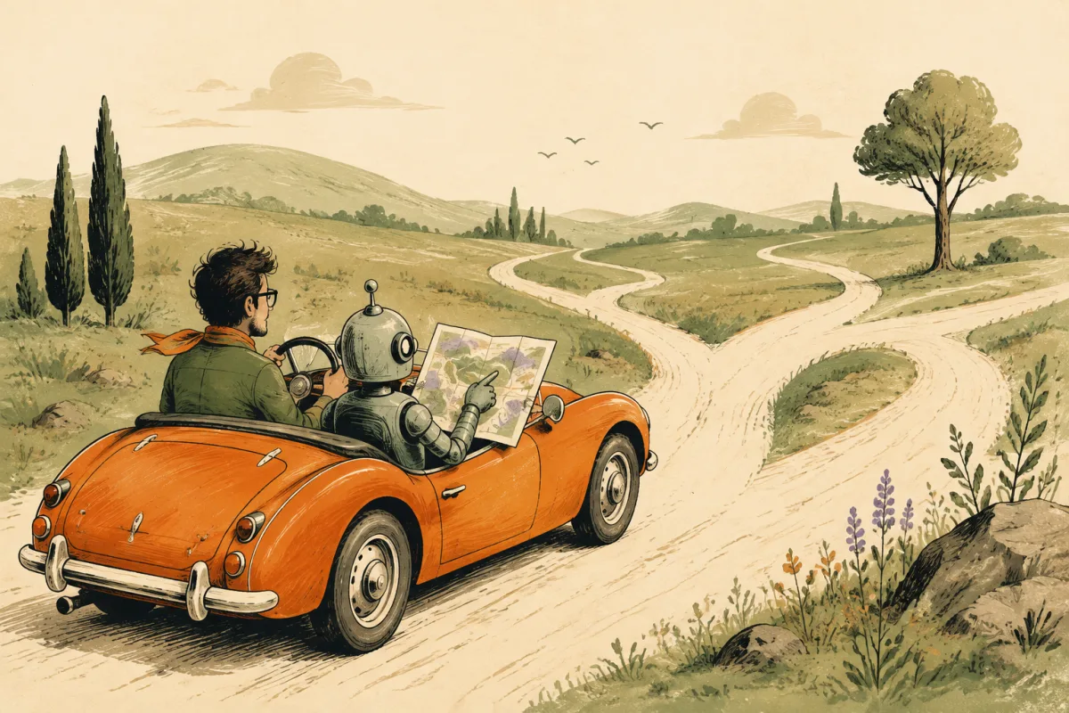 A developer drives an orange convertible toward a fork in the road while a robot navigator reads a paper map.